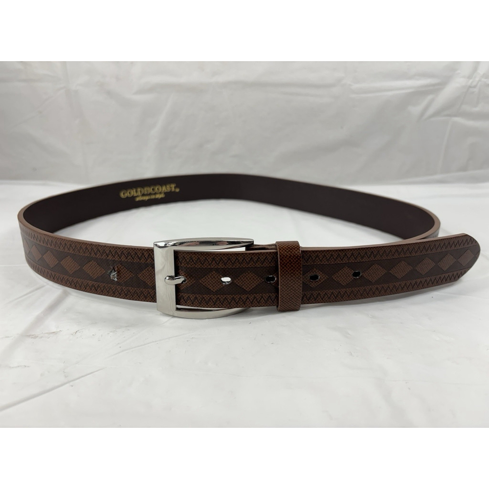 GOLD COAST Embossed Brown Leather Belt Silver Buckle Size 32 Diamond Pattern